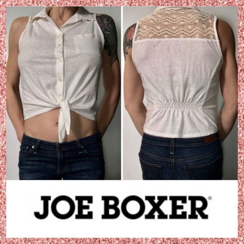 Joe Boxer White Crochet Button Up Crop Top Small S